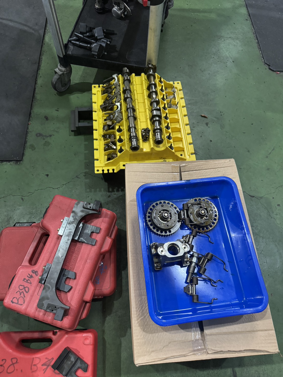 BMW B48 引擎拆下的凸輪軸與 VANOS 可變汽門正時齒輪，置於專用架與料盤